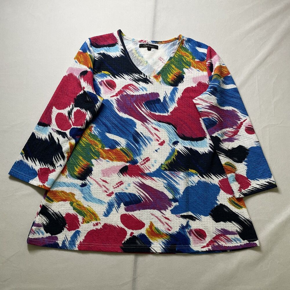 Calessa Abstract Print Textured V-Neck 3/4 Sleeve Top Multicolor Size L